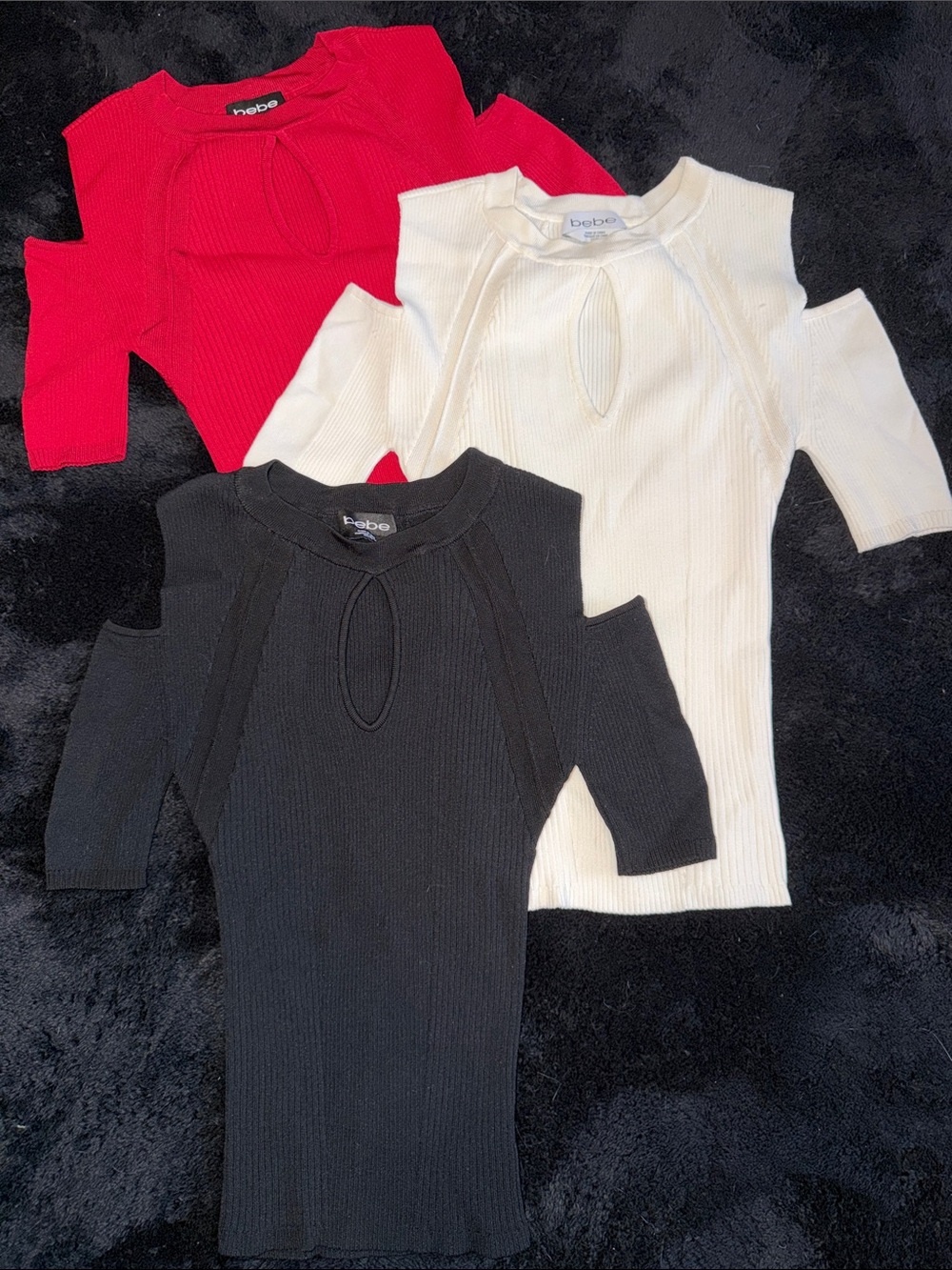 bebe Cold-Shoulder Ribbed Keyhole Sweaters - Red, White, Black